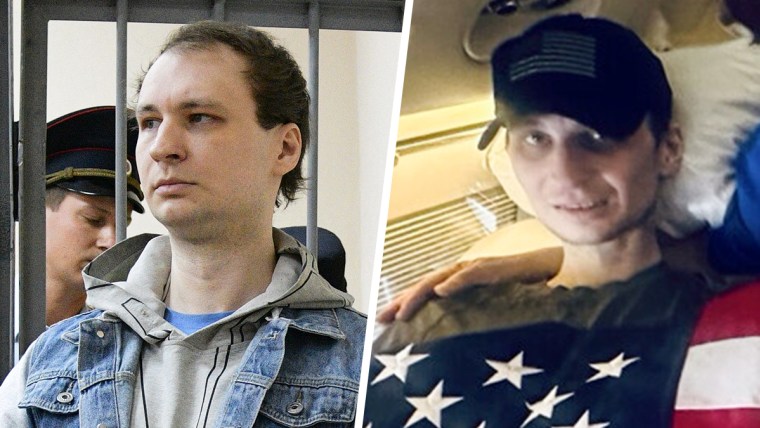 A split composite image showing Robert Gilman behind bars, left, and Robert Gilman sitting on a plane seat wrapped in the American flag, looking much skinnier than the photo on the left