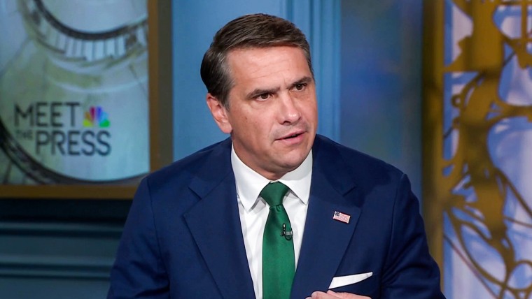 Todd Blanche speaks while seated on the set for Meet the Press