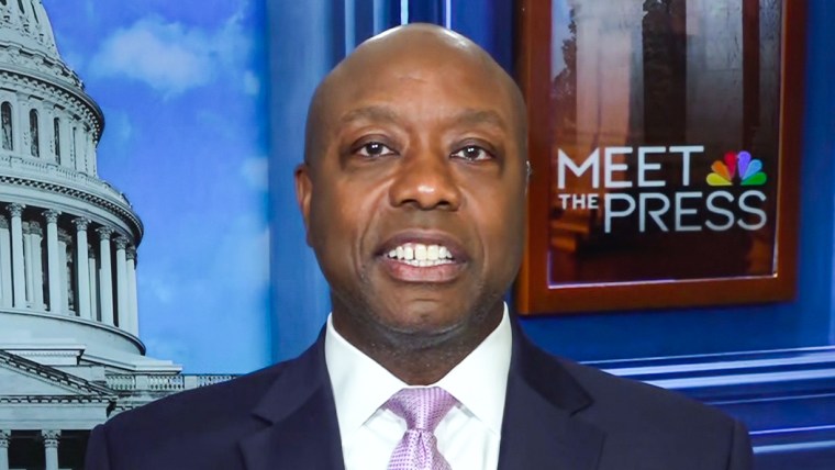 Tim Scott speaks while seated on the set of "Meet the Press"