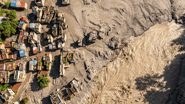 A GIF showing six different images of destruction in Nepal from flooding