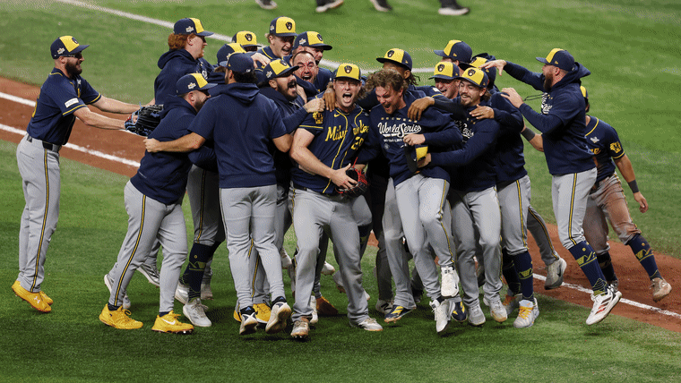 A carrousel of images depicting Milwaukee Brewers as World Series Champions.