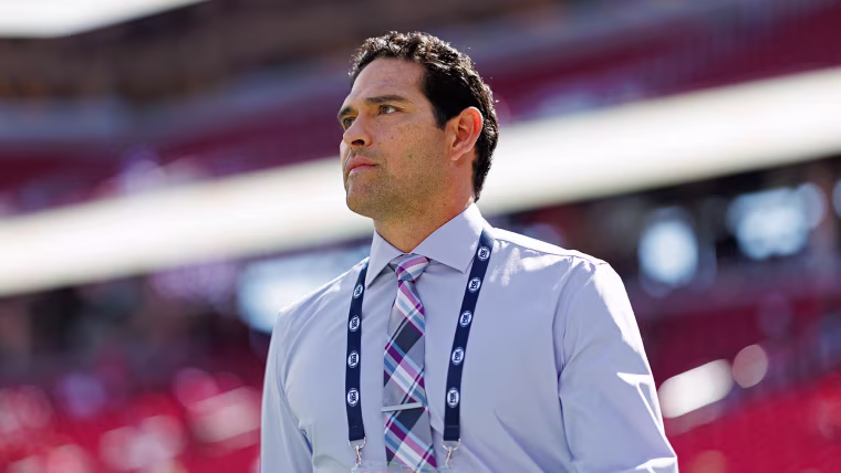 NFL broadcaster Mark Sanchez on the field prior to a San Francisco 49ers game on Sept. 21, 2025 in Santa Clara, Calif.