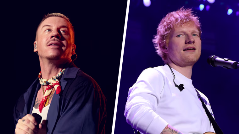 A two-part composite photo of Macklemore and Ed Sheeran.