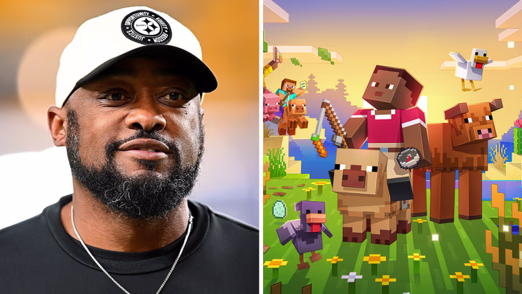 A split image showing, left, Mike Tomlin, and right, Minecraft characters