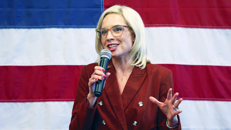 Image: Ashley Hinson standing in front of a USA flag holding a microphone.