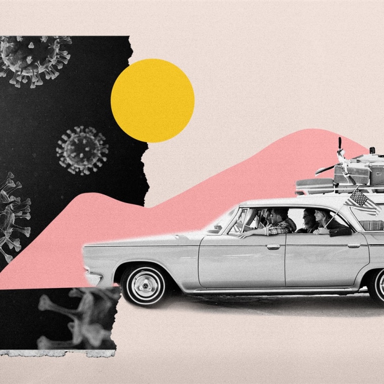 Image: Vintage car with suitcases travels through pink mountain shapes as coronavirus pores loom ahead.