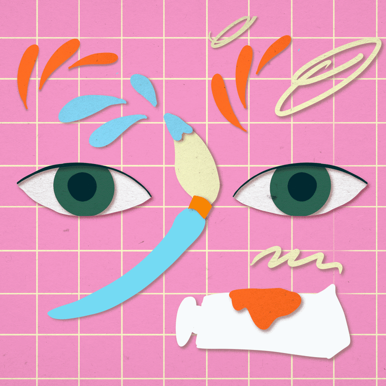 Illustration of eyes and brushes on pink background