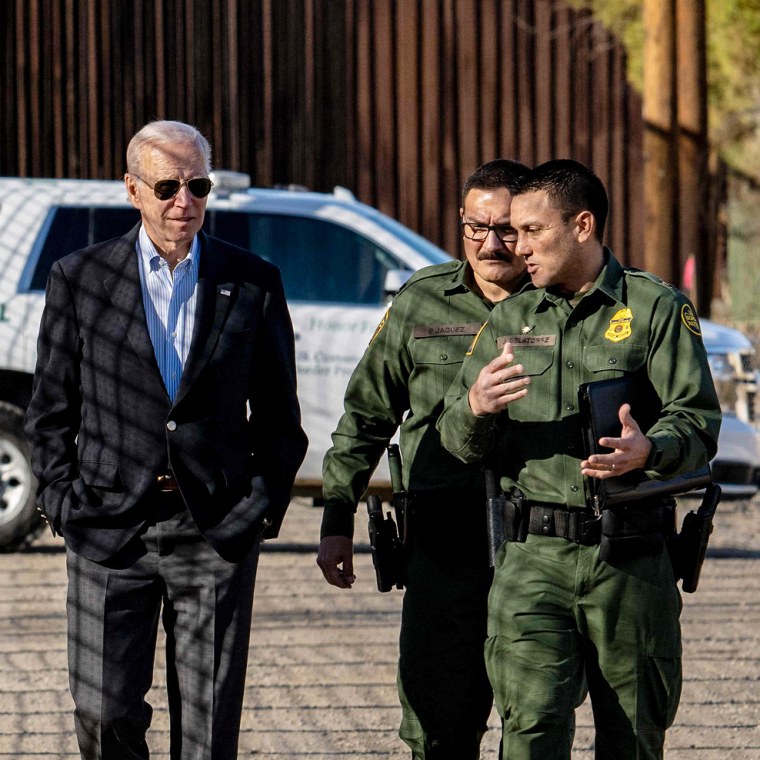 President Joe Biden speaks with US Customs and Border Protection officers as he visits the U.S.-Mexico border in El Paso, Texas, on Jan. 8, 2023.