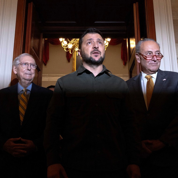Image: Ukrainian President Volodymyr Zelenskyy speaks with reporters after a meeting with Senate Minority Leader Mitch McConnell and Senate Majority Leader Chuck Schumer at the Capitol on Thursday., 