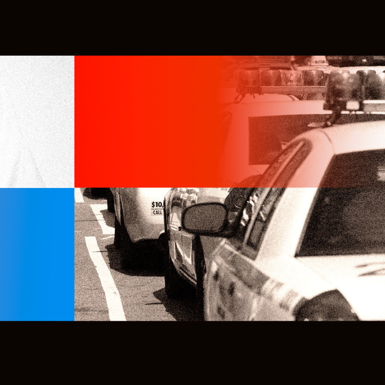 Collage of doctor with stethoscope and police car, overlaid with blue and red gradients 