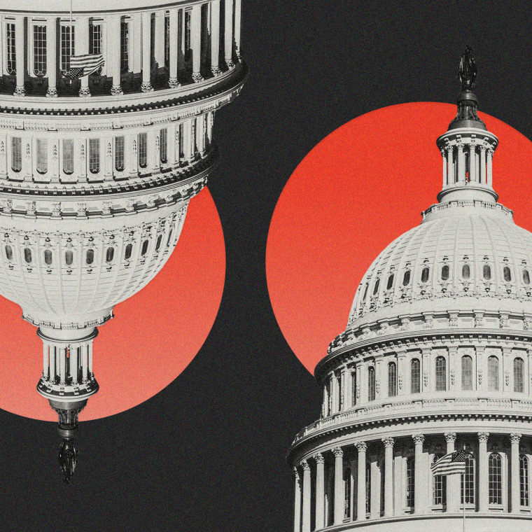 Photo illustration of the Capitol in Washington alternating between right side up and upside down, with looming red circles.