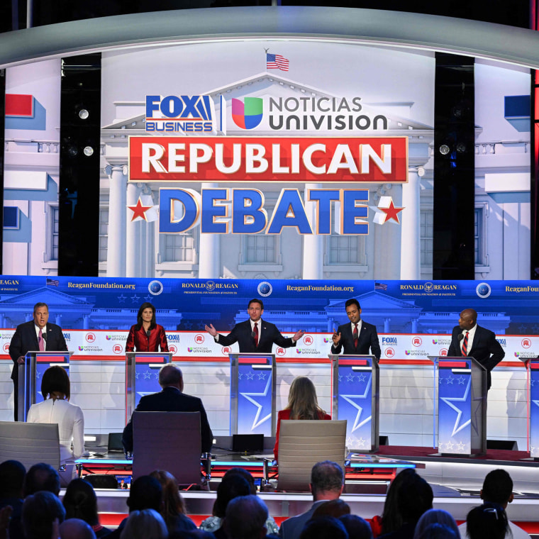 From left, Doug Burgum, Chris Christie, Nikki Haley, Ron DeSantis, Vivek Ramaswamy, Tim Scott and Mike Pence at the second Republican presidential primary debate in Simi Valley, Calif.,