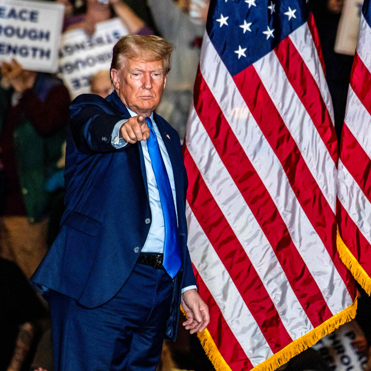 Image: Former president and 2024 presidential candidate Donald Trump leaves after speaking at a campaign rally in Claremont, N.H.,