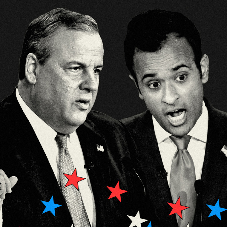 Photo illustration of Nikki Haley, Chris Christie, Vivek Ramaswamy, and Ron DeSantis