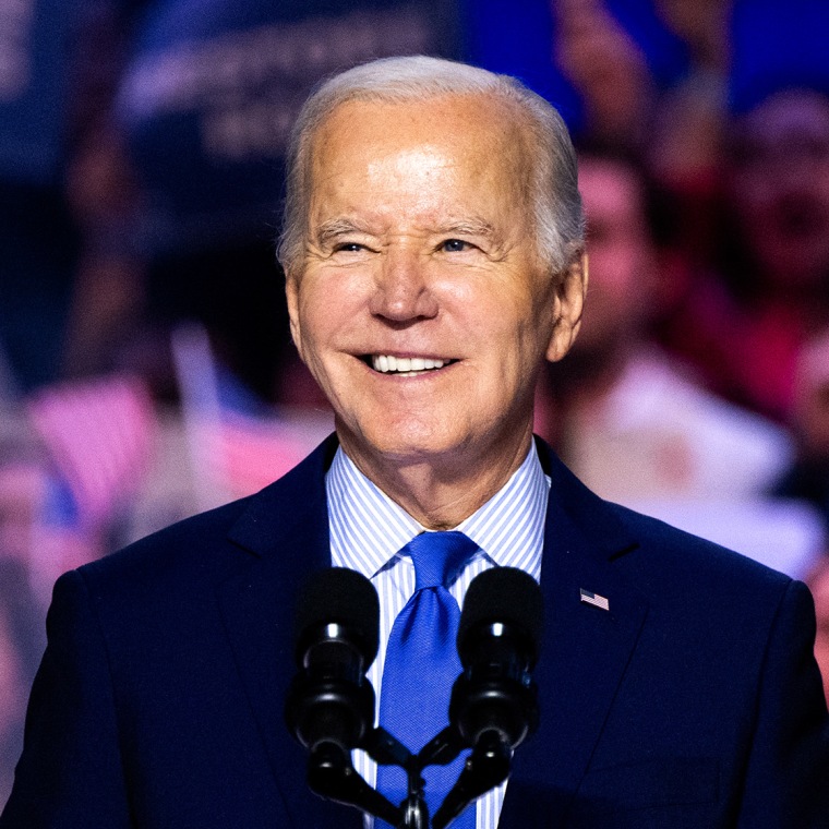 Joe Biden at the microphone while supporters cheer behind him.