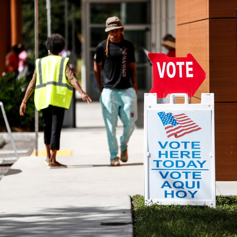 Voters wait in line cast their ballots at a polling precinct during early voting
