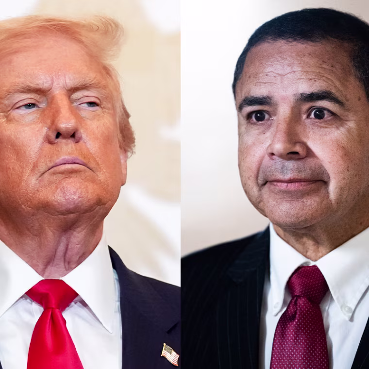 A split composite image of Donald Trump, left, and Henry Cuellar