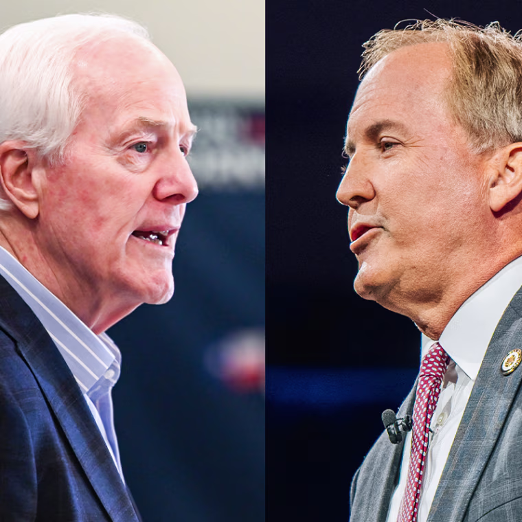A split composite image of John Cornyn, left, and Ken Paxton