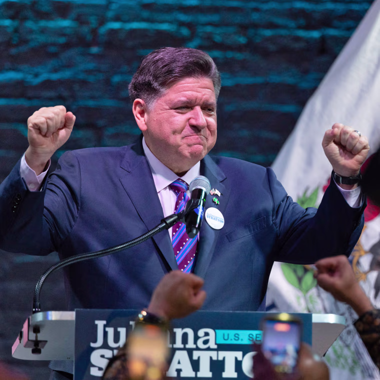 Illinois Gov. JB Pritzker celebrates the primary win of Illinois Democratic Senate candidate Lt. Governor Juliana Stratton on March 17, 2026 in Chicago.