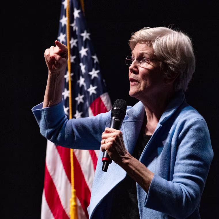Sen. Elizabeth Warren, D-Mass., speaks at a town hall in Lowell, Mass., on March 18, 2025.