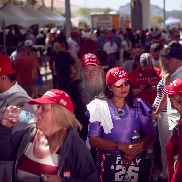 Guests wait in the entrance line for “Build the Red Wall” event hosted by Turning Point USA and Turning Point Action, and headlined by President Donald Trump at Dream City Church Phoenix, AZ, on April 17, 2026