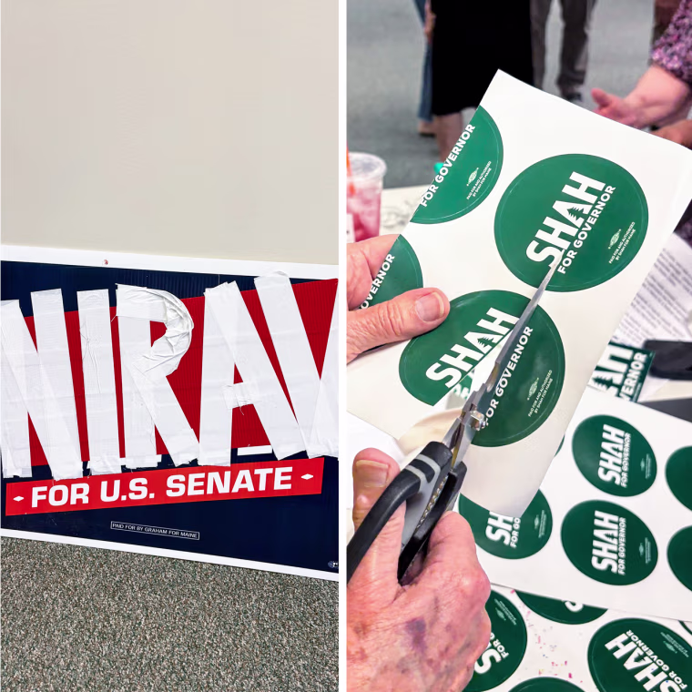 A set of three images shows, left, the name "Nirav" written in tape on a poster, scissors cutting into Shah for governor stickers, and "Senate" being written on a sign for Shah
