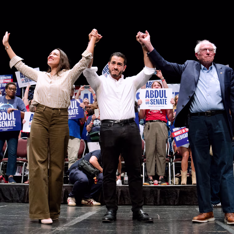 From left, Alexandria Ocasio-Cortez, Abdul El-Sayed, and Bernie Sanders