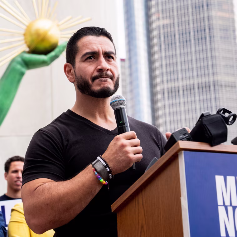 Abdul El-Sayed, US Democratic Senate candidate from Michigan, during a news conference following the March for the Many in Detroit, Michigan, on August 2, 2026.