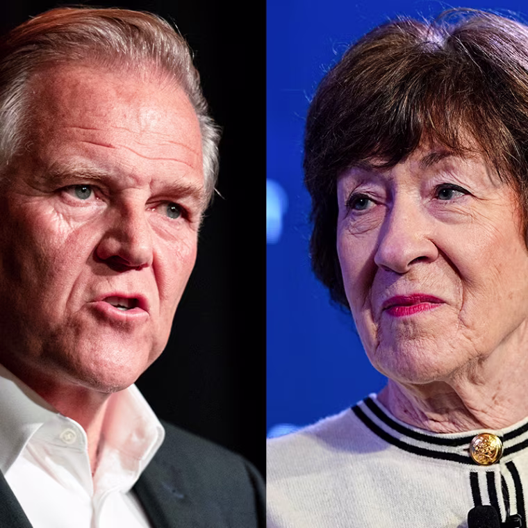 A split composite image of Mike Rogers and Susan Collins