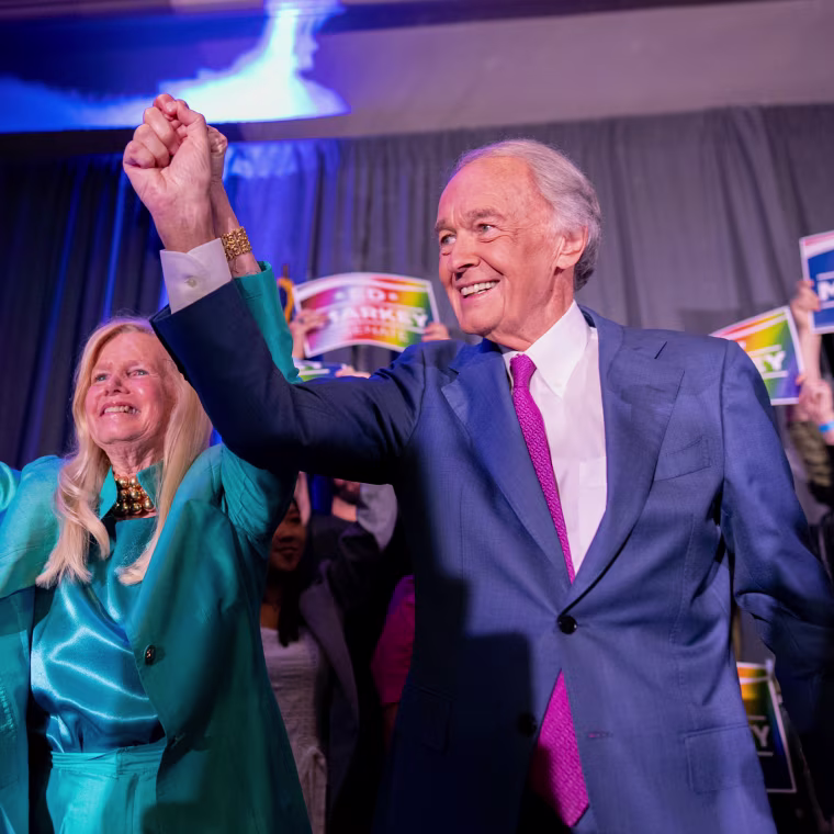 Senator Ed Markey, a Democrat from Massachusetts, and his wife Susan Blumenthal during a primary election night watch party at the Omni Parker House in Boston on Tuesday, Sept. 1, 2026.