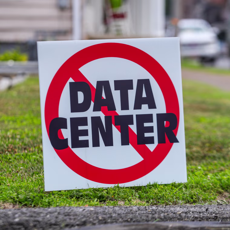A yard sign expressing opposition to allowing data center construction.