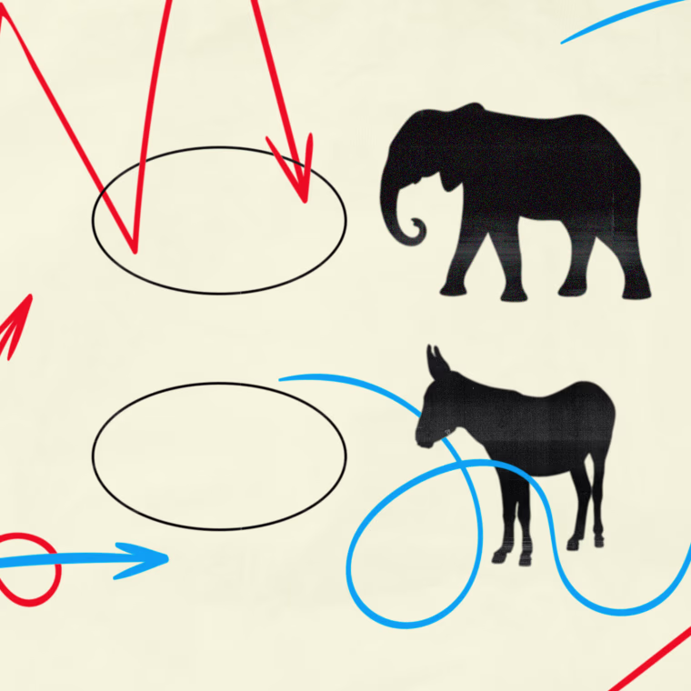 Illustration of ballot bubbles with a Republican elephant and Democratic Donkey; red and blue arrows draw around each option, pointing different ways.