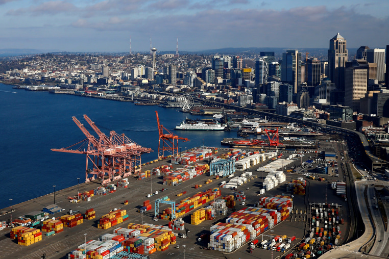 Image: Shipping containers at the Port of Seattle in Washington on March 21, 2019.