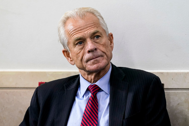White House trade adviser Peter Navarro listens as President Donald Trump speaks at the White House on Aug. 14, 2020.