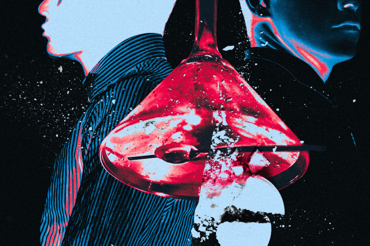 Collage-based illustration of two men back-to-back with an upside-down red martini and a crushed pill between them.