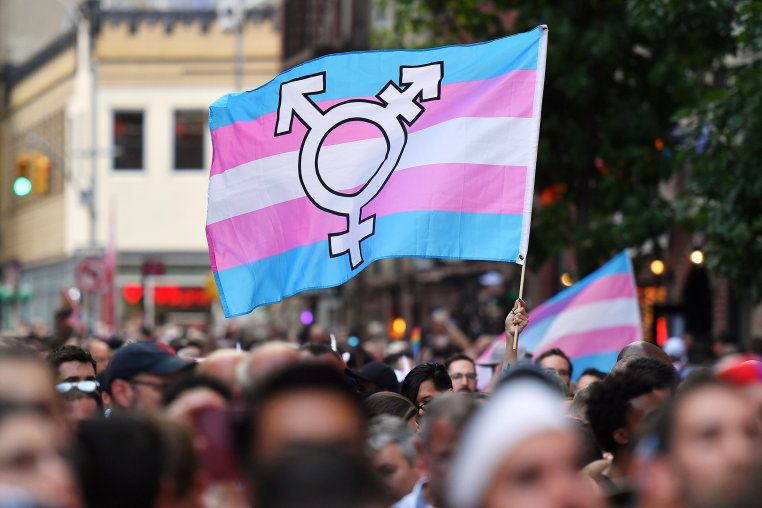 A person holds a transgender pride flag.