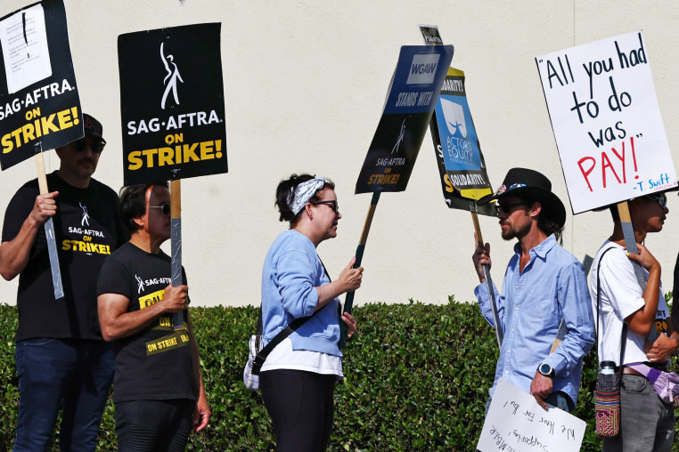 SAG-AFTRA members and supporters picket outside Paramount Studios on Oct. 27, 2023 in Los Angeles.