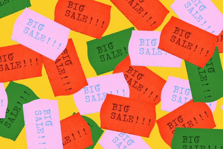 Assortment of colorful price stickers that read "Big Sale!!!" 