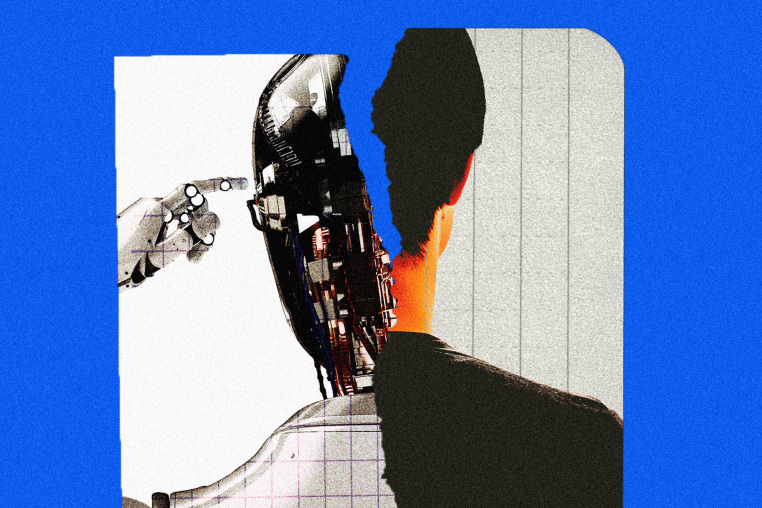Photo illustration of torn paper with a robot head on one side and a human head on the other 