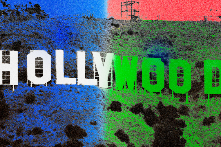 Photo Illustration: An image of the Hollywood sign split in half — the left half with the Israeli flag colors (blue and white) and the right with the Palestinian flag colors (black, green, and red)