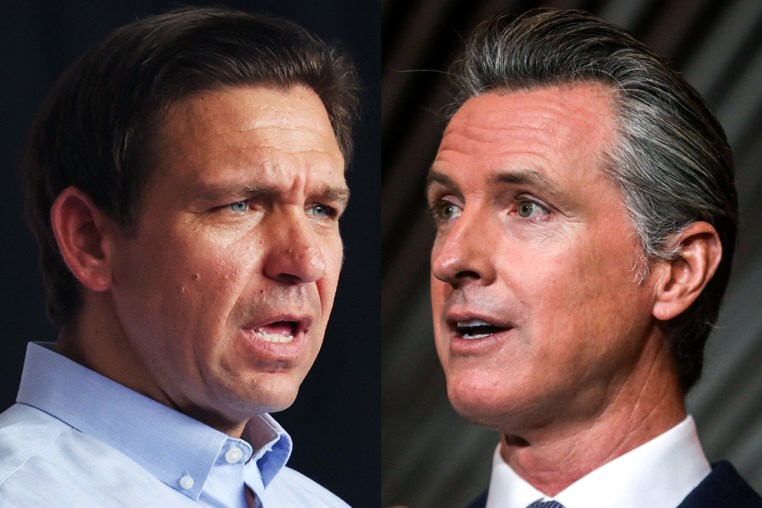 A side by side of Ron DeSantis and Gavin Newsom.