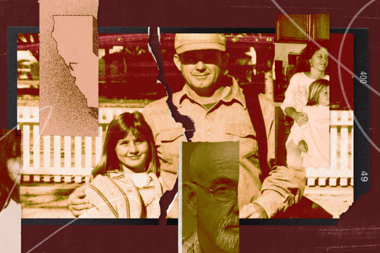 Torn up photographs of Alissa Turney and her family on maroon background 