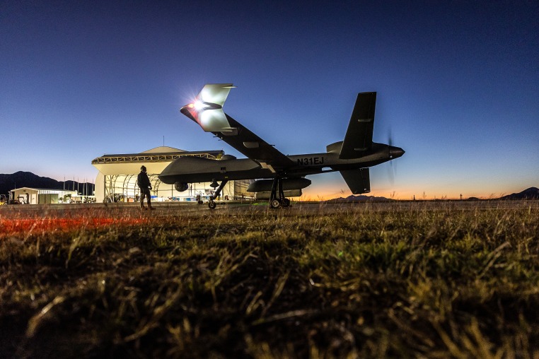 An MQ-9 Reaper drone with Customs and Border Protection (CBP) returns from a mission over the U.S.-Mexico border