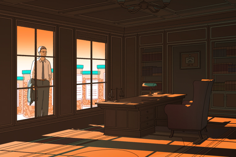 Illustration of man looking into a lawyer's office. Bottles of MOUD medication are seen behind him. 