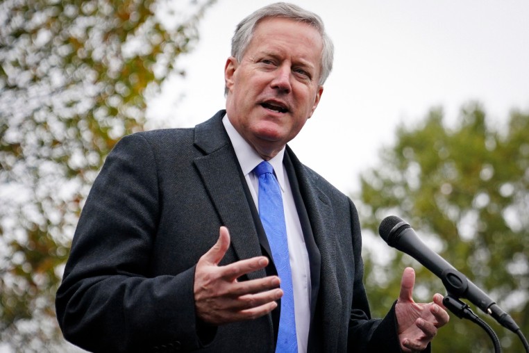 Then-White House chief of staff Mark Meadows speaks with reporters outside the White House in 2020.