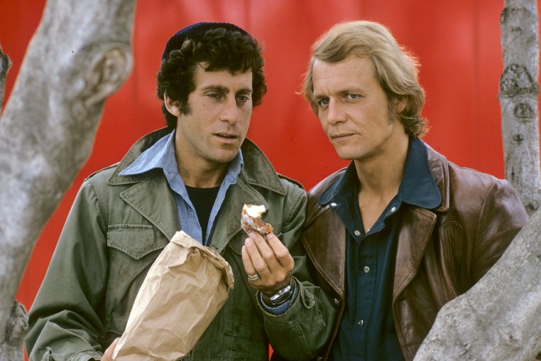 Paul Michael Glaser and David Soul on the set of "Starsky and Hutch" in 1975.