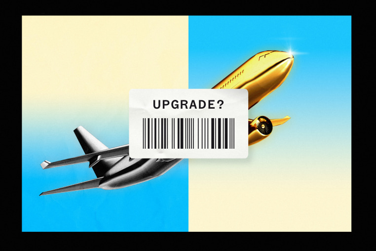 Photo illustration of a split image of a standard plane and a "gold-plated" plane; a price sticker that reads "Upgrade?" is overlaid on top of the image 