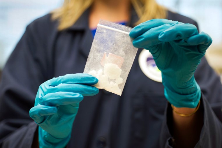 A seized bag of 4-fluoro isobutyryl fentanyl which was seized in a drug raid is displayed at the Drug Enforcement Administration (DEA) Special Testing and Research Laboratory in Sterling, Va., on Aug. 9, 2016. 