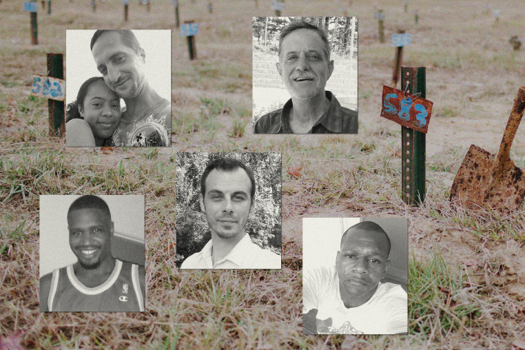 Images of men buried in a Mississippi pauper's field. The field shows metal stakes with numbers and a hand shovel.