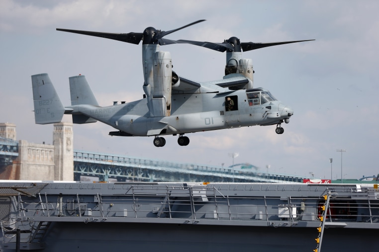 A Marines Osprey lands aboard the USS Somerset, in 2014, in Philadelphia.